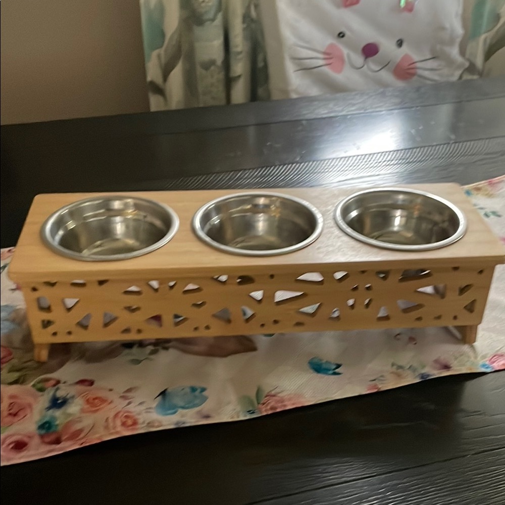 Wooden Pet Feeder with Stainless Steel Bowls